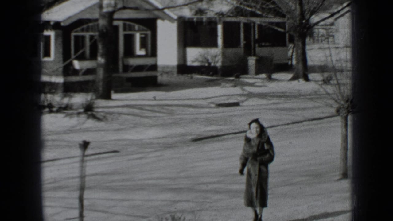 Bundled woman walks along a snowy sidewalk in front of houses.