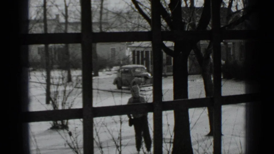 Viewed through window muntins, a snowy New York residential street shows a parked vintage car and a bundled figure near bare winter trees.