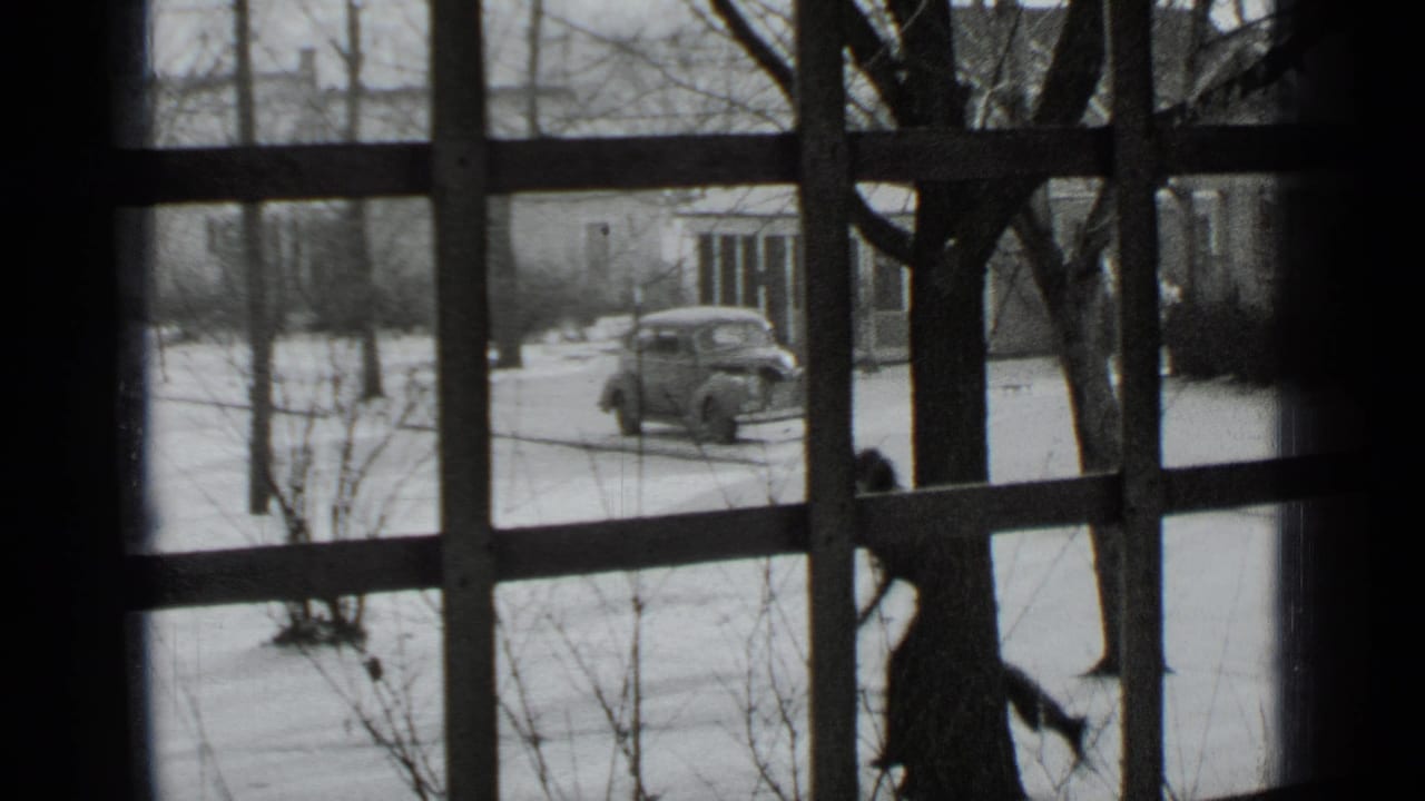 Woman skating outside a snow-covered house seen through dark window mullions.