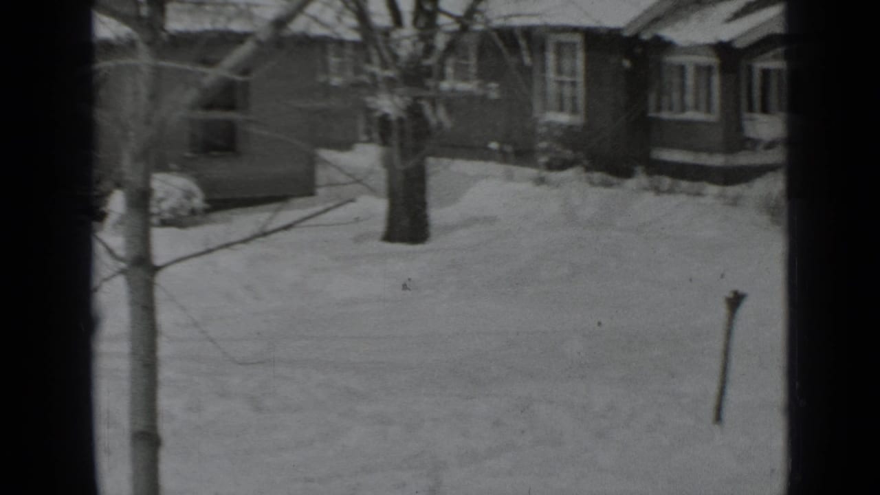 Snow-covered residential houses and bare trees seen through a dark window frame.