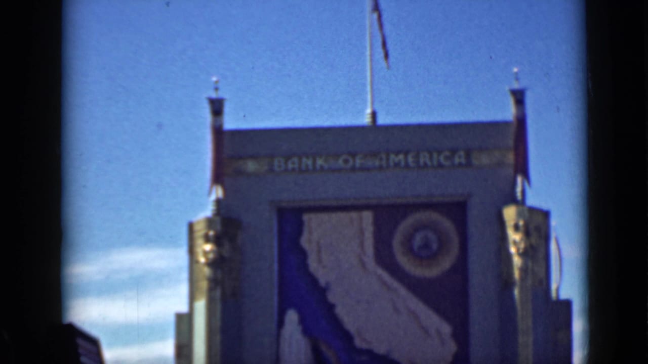 Bank of America building facade with a California map mural below the sign.