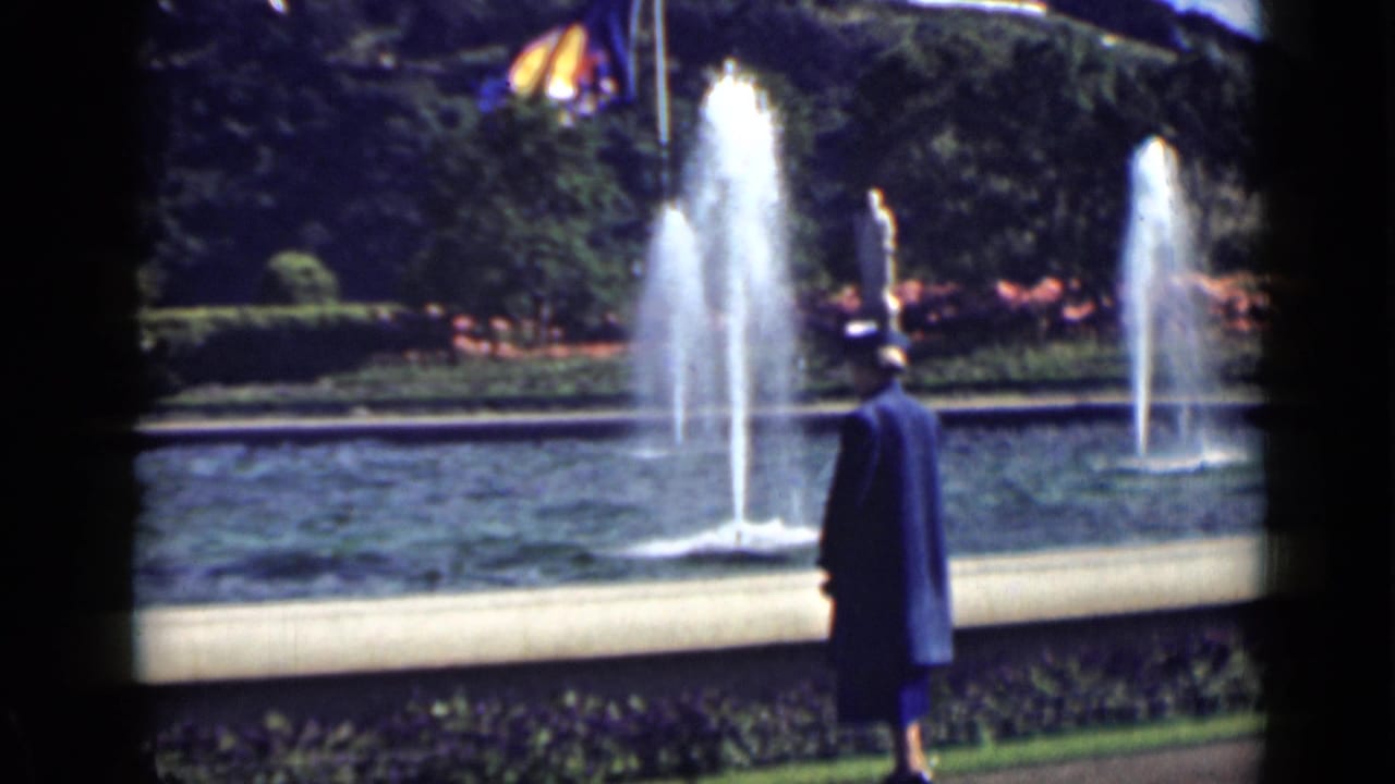 Woman seen from behind near a fountain pool, with water jets, hedges, trees, and flags in the distance.