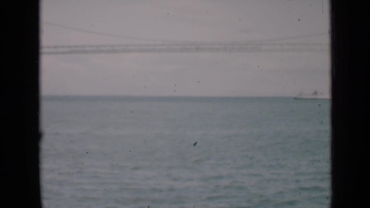 Distant white ship on calm water seen through dark window edges with faint bridge lines above.