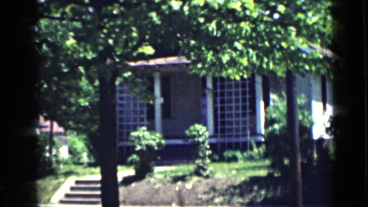 Shaded front of a house with porch, gridded windows, walkway, shrubs, and trees.