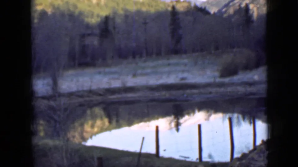 1939 Utah mountain pond view with fence posts near the shore, bare trees, evergreen slopes, and pale reflected sky on the water.
