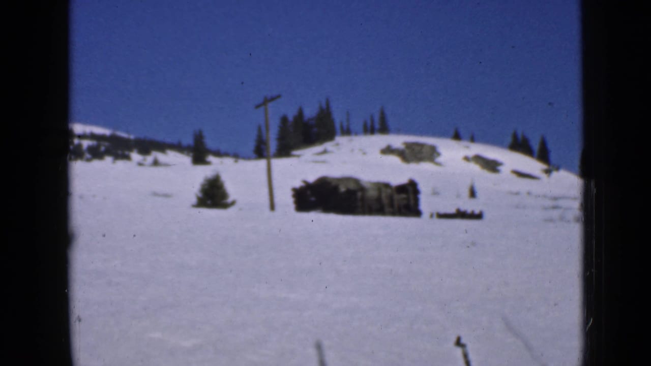 Snowy hillside with utility pole, evergreens and a low wooden structure under blue sky.
