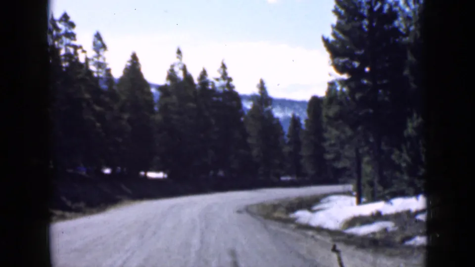 1939 Utah home-movie frame showing a winding dirt road bordered by evergreen forest and small patches of lingering snow.
