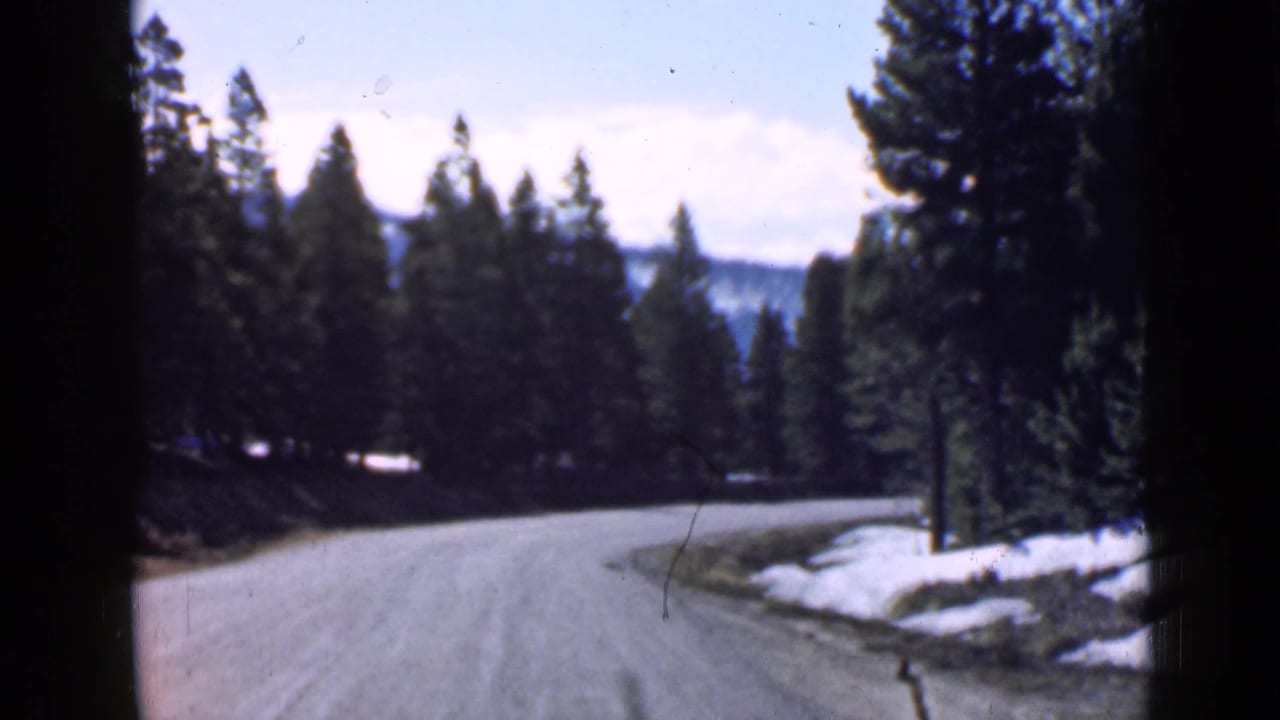 Winding road bends right through a forested mountain area with snow along the edge.