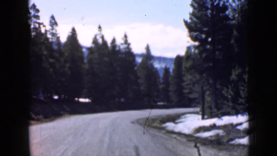 Utah mountain road scene from 1939 8mm footage, with pines, a pale dirt surface, and snowbanks near the bend.