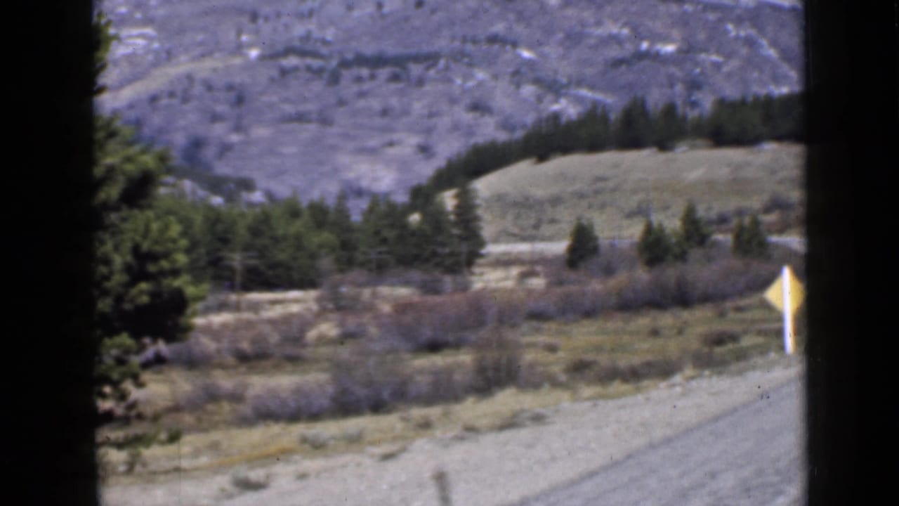 Roadside view of a dirt road, yellow sign, low brush, trees, and grey mountain ridge.