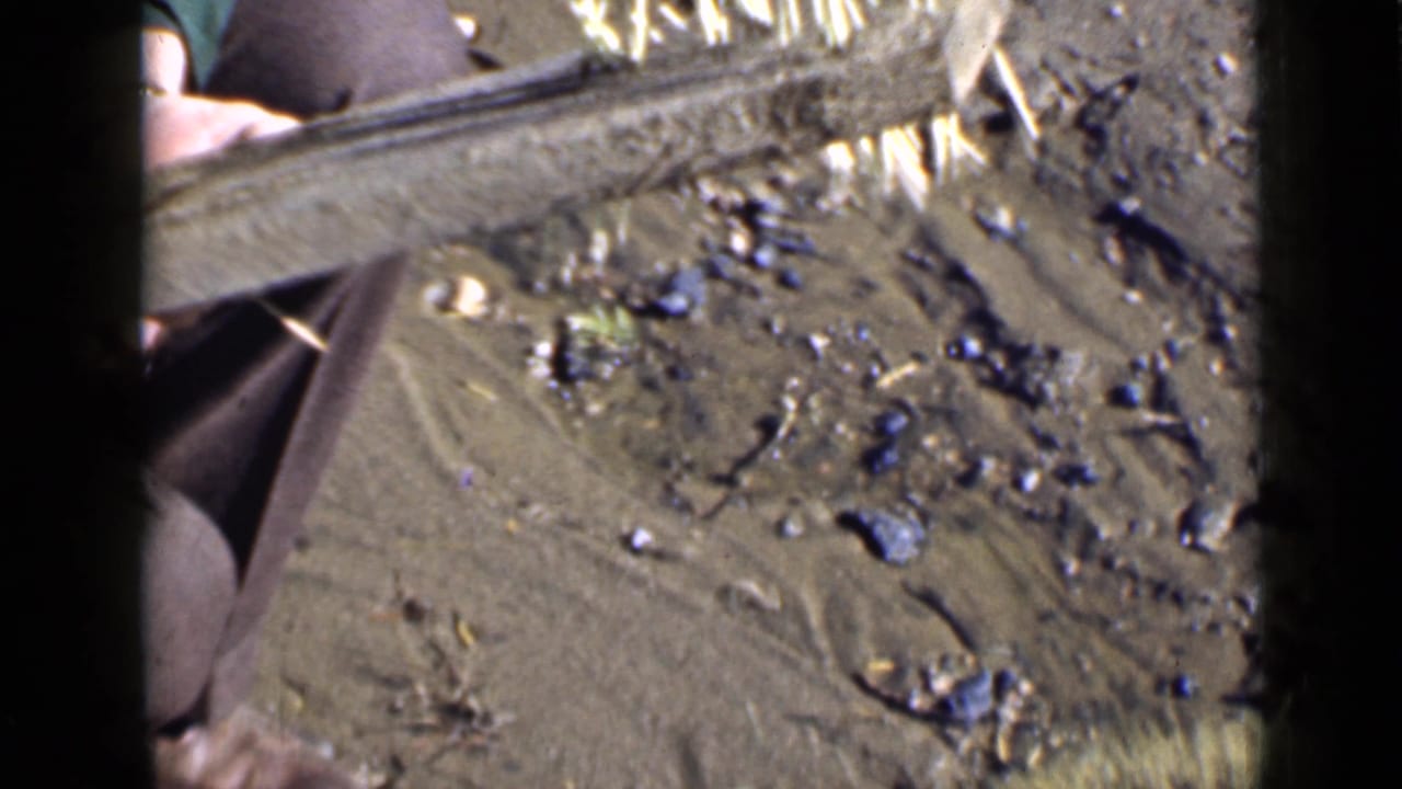 Close Utah 1939 frame of a rough board, disturbed dirt, rocks, and the edge of a person working nearby.