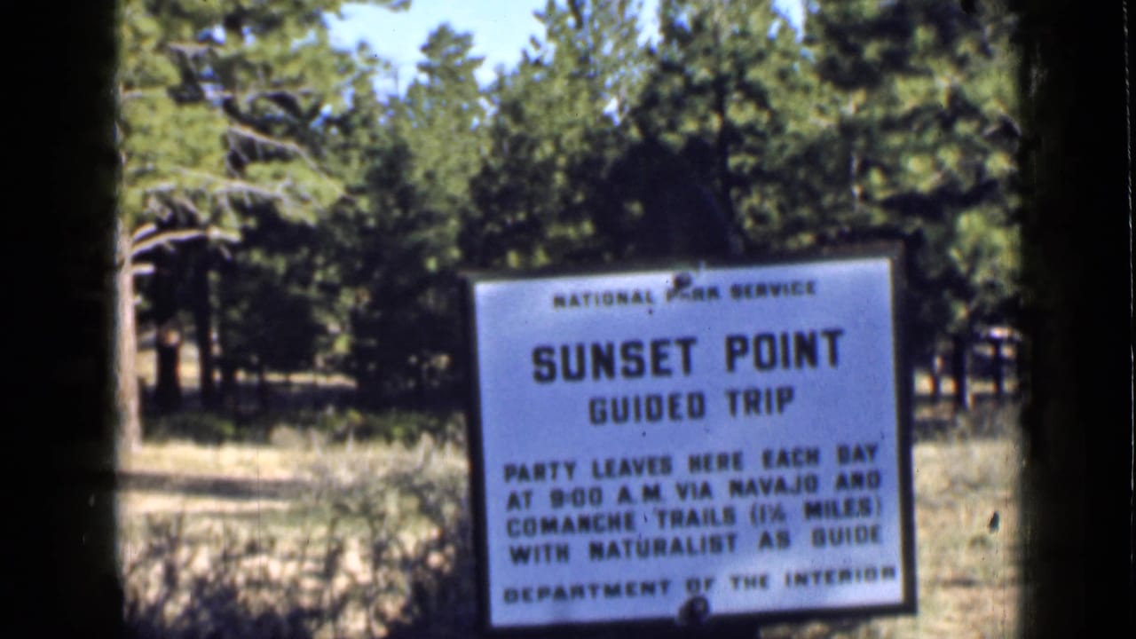Sunset Point Guided Trip sign with trail information in front of trees.