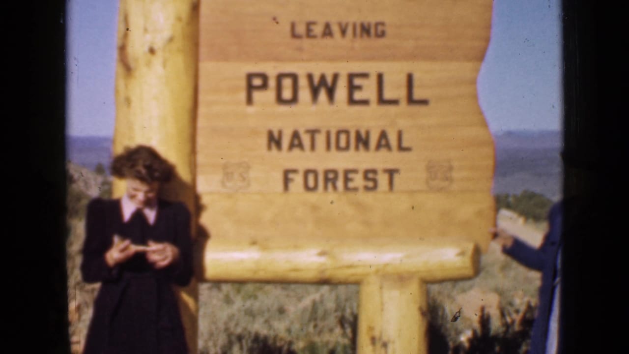 A woman looks down near a Powell National Forest sign while another person stands at the edge.