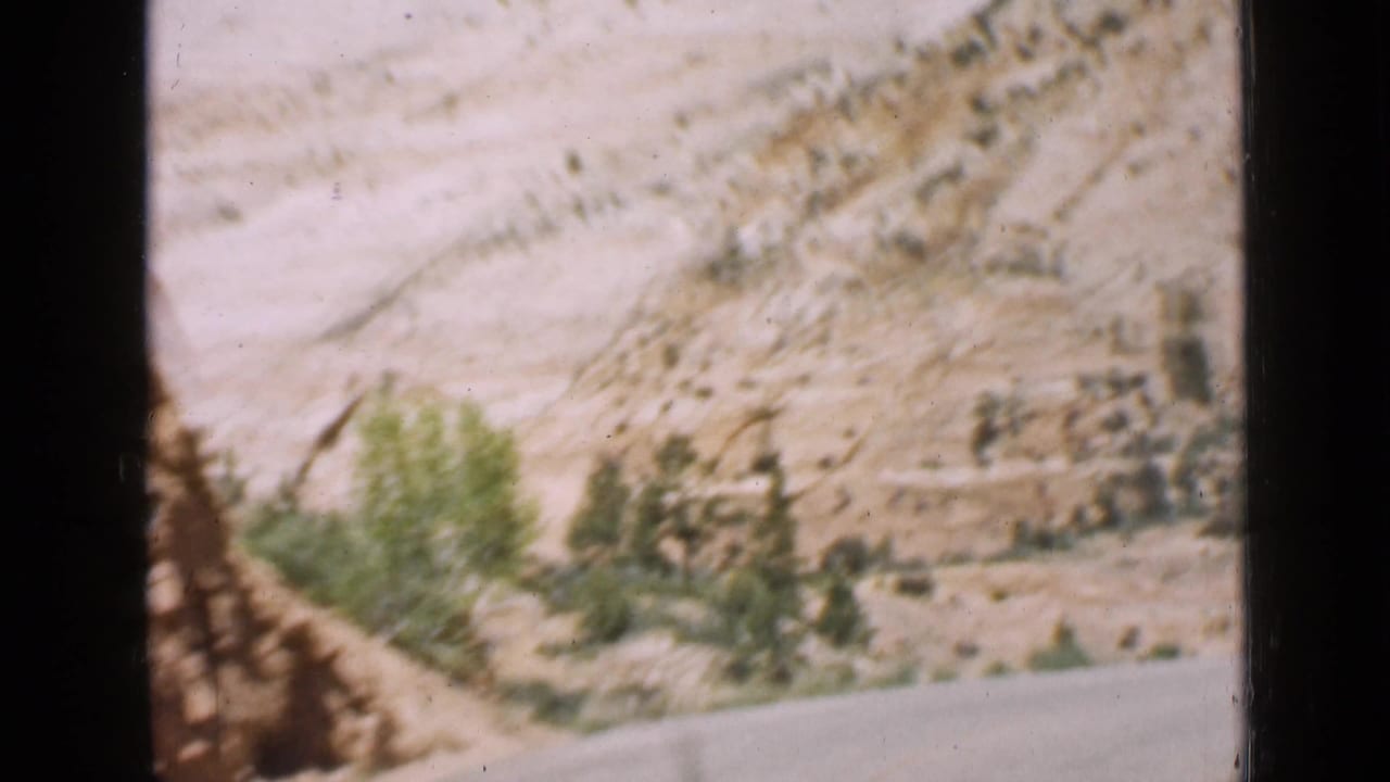 The 1939 Utah frame holds on the pale desert hillside, roadside vegetation, and road near the Zion entrance area.