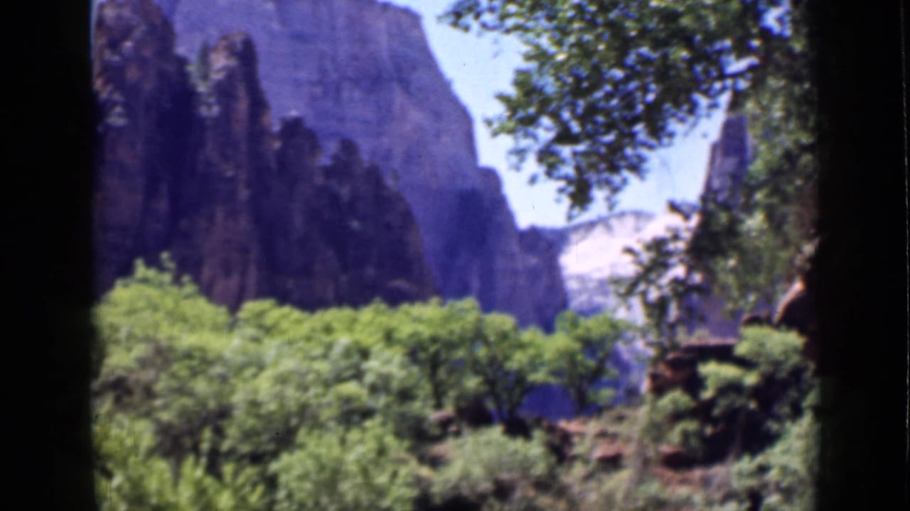 1939 Utah 8mm landscape frame showing green trees beneath shadowed cliffs, with branches and dark film border at the edge.