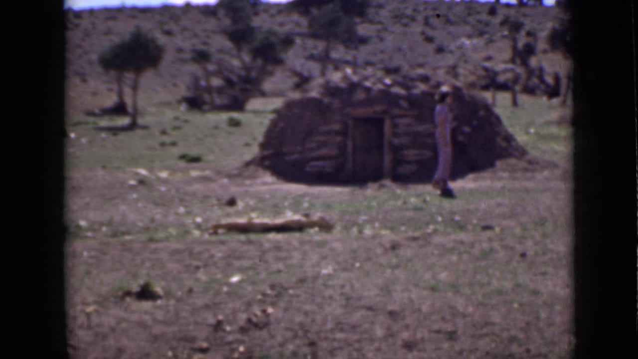 Small rustic hut in a dry field with a lone figure beside the entrance.