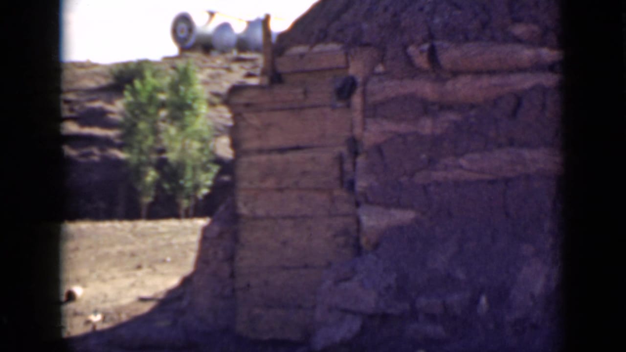 Rustic mud-walled structure with wooden beams and a small tree in bright sunlight.