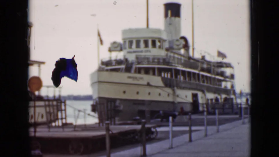 Docked Sea Hawk cruiser at an Ontario waterfront pier, filmed in 1940 on 8mm home-movie stock.