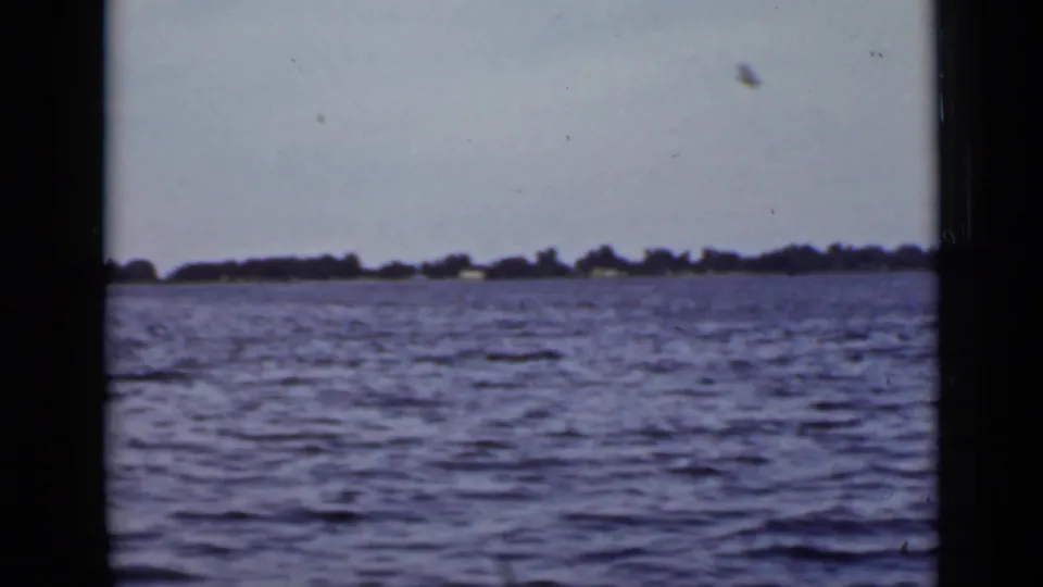 The 1940s Ontario home-movie view shifts to rippled open water, a low shoreline and a bird flying across the pale sky.