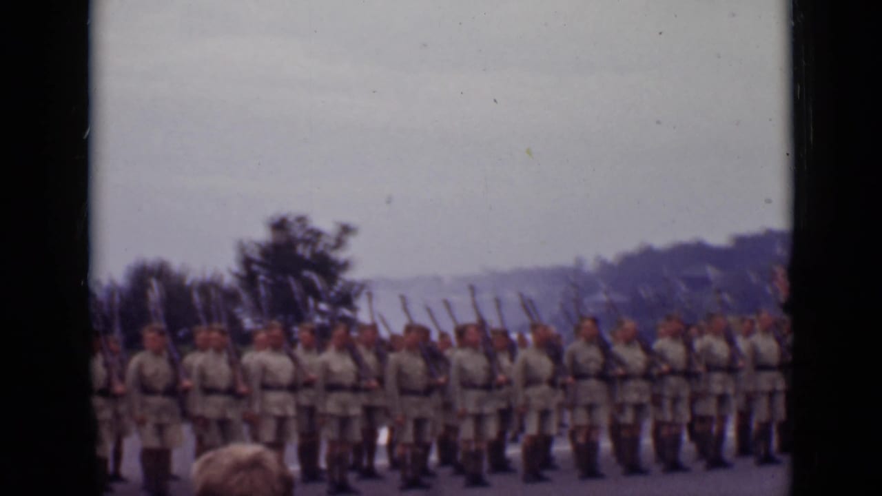 Soldiers stand in line with rifles and bayonets while spectators appear at the bottom edge.