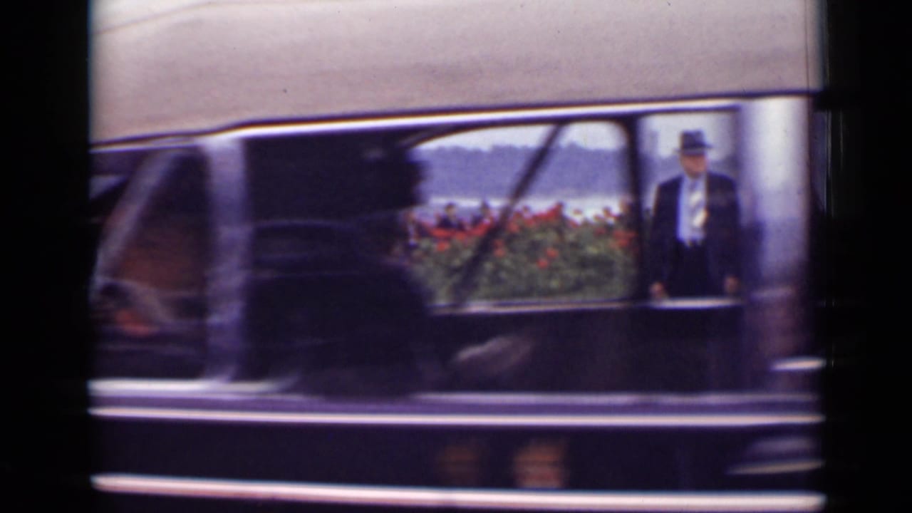 Dark car beside flowers with a suited man standing near the open area.