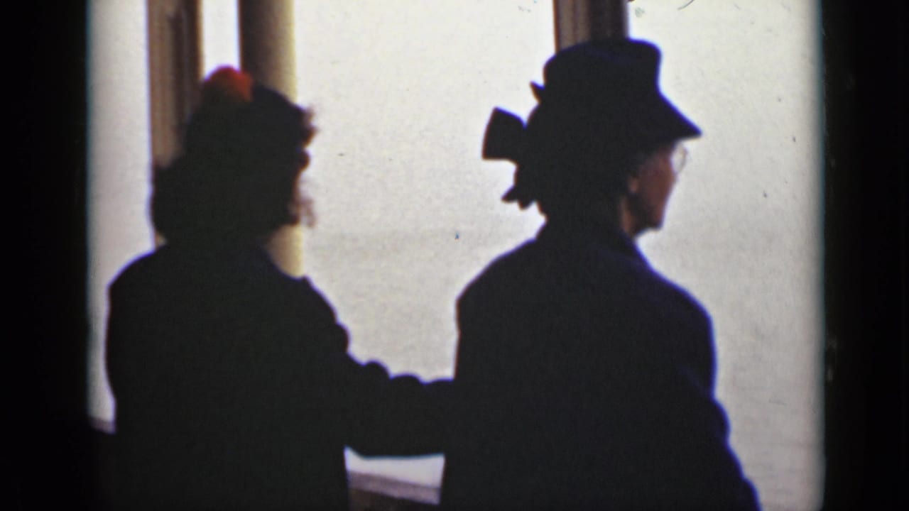 Two silhouetted women in hats stand beside a bright window overlooking water.