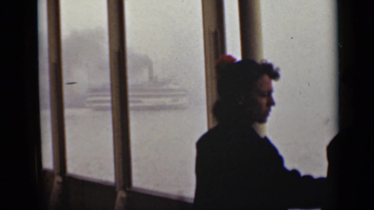 Silhouetted person by tall windows watching a foggy vessel on the water.