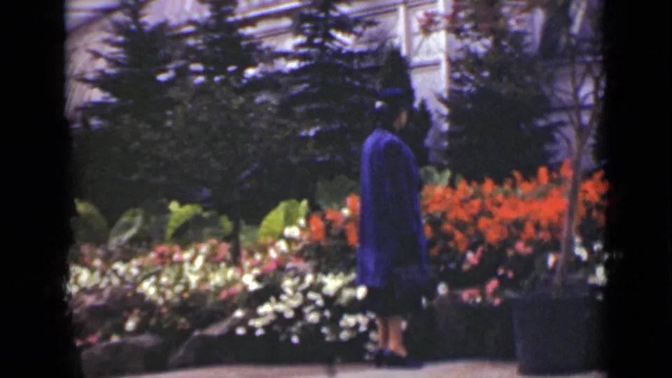 A woman in a blue or purple coat stands in a garden setting with red flowers, low beds, potted plants, and dense greenery.