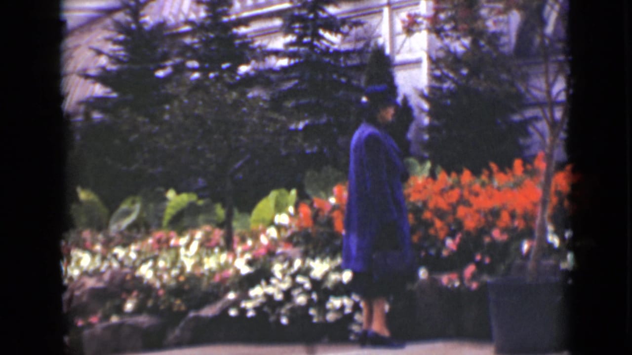 Woman in a blue coat and hat stands beside flower beds near a glass conservatory.