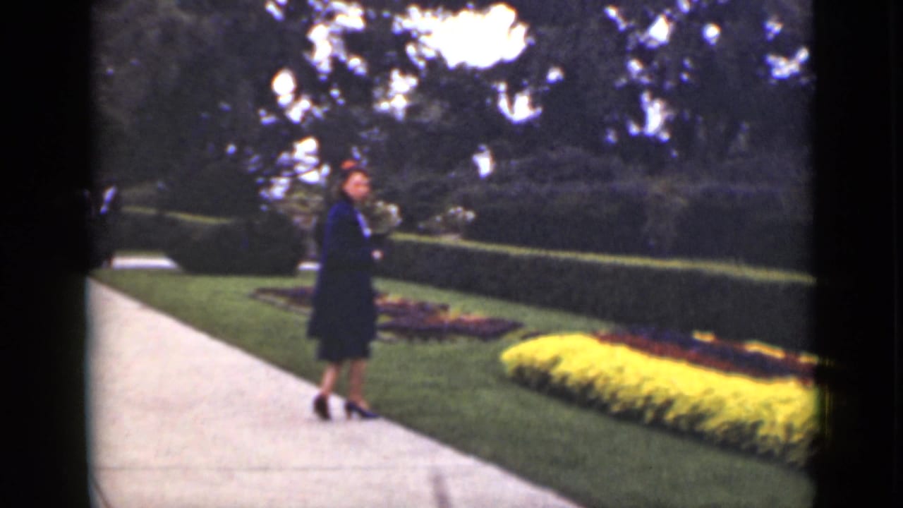 Woman in dark formal clothing standing on a pale garden path beside flowerbeds and hedges.