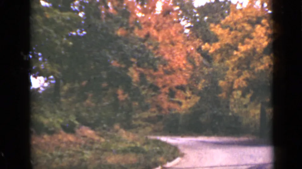 Vintage 8mm Ontario frame showing a quiet rural road bordered by green trees and orange fall leaves.