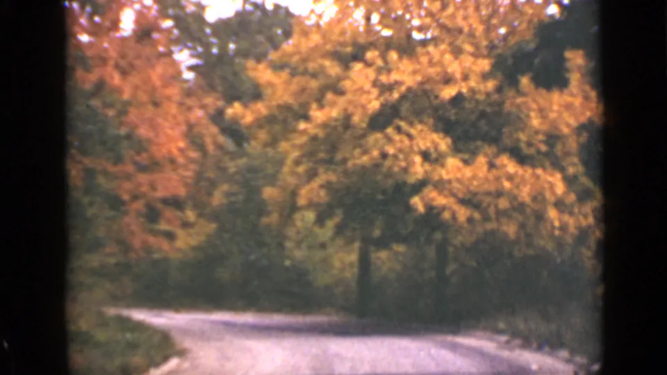 1940 Ontario 8mm frame with a winding road passing beneath yellow-orange autumn foliage and dark film borders.