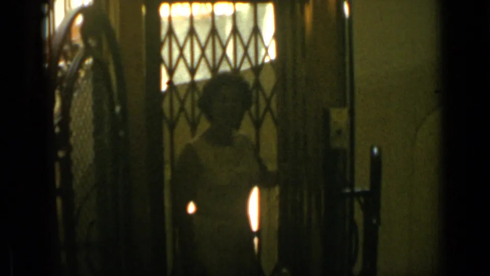 The woman remains framed by the dark doorway and diamond-patterned gate in the Cannes home-movie scene.