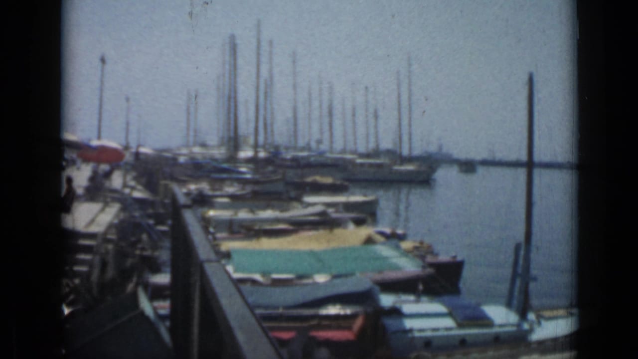 Harbor dock with covered boats, sailboat masts, calm water, and dark film borders.