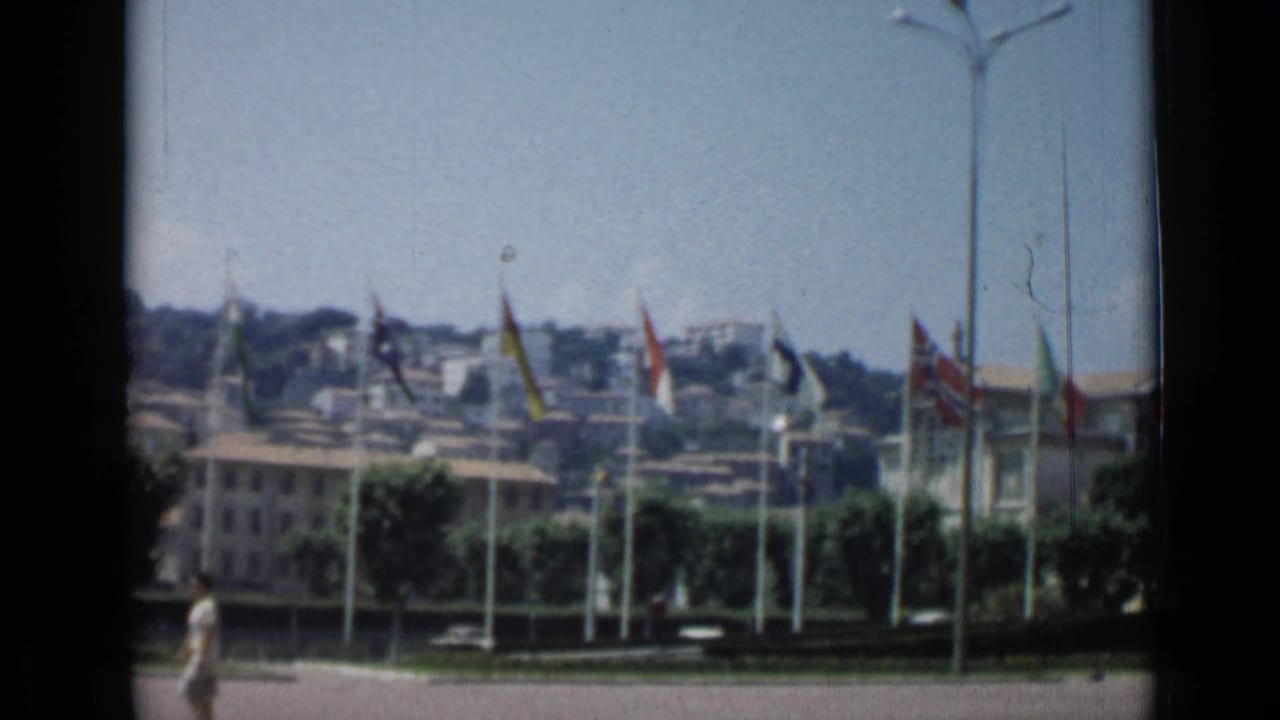 International flags in front of a modern building and hillside, with a pedestrian at left.