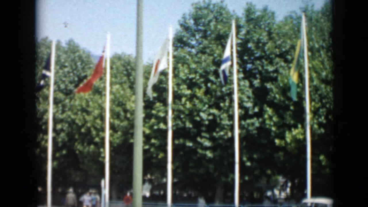 More flags on poles with dense green trees and small distant pedestrians below.