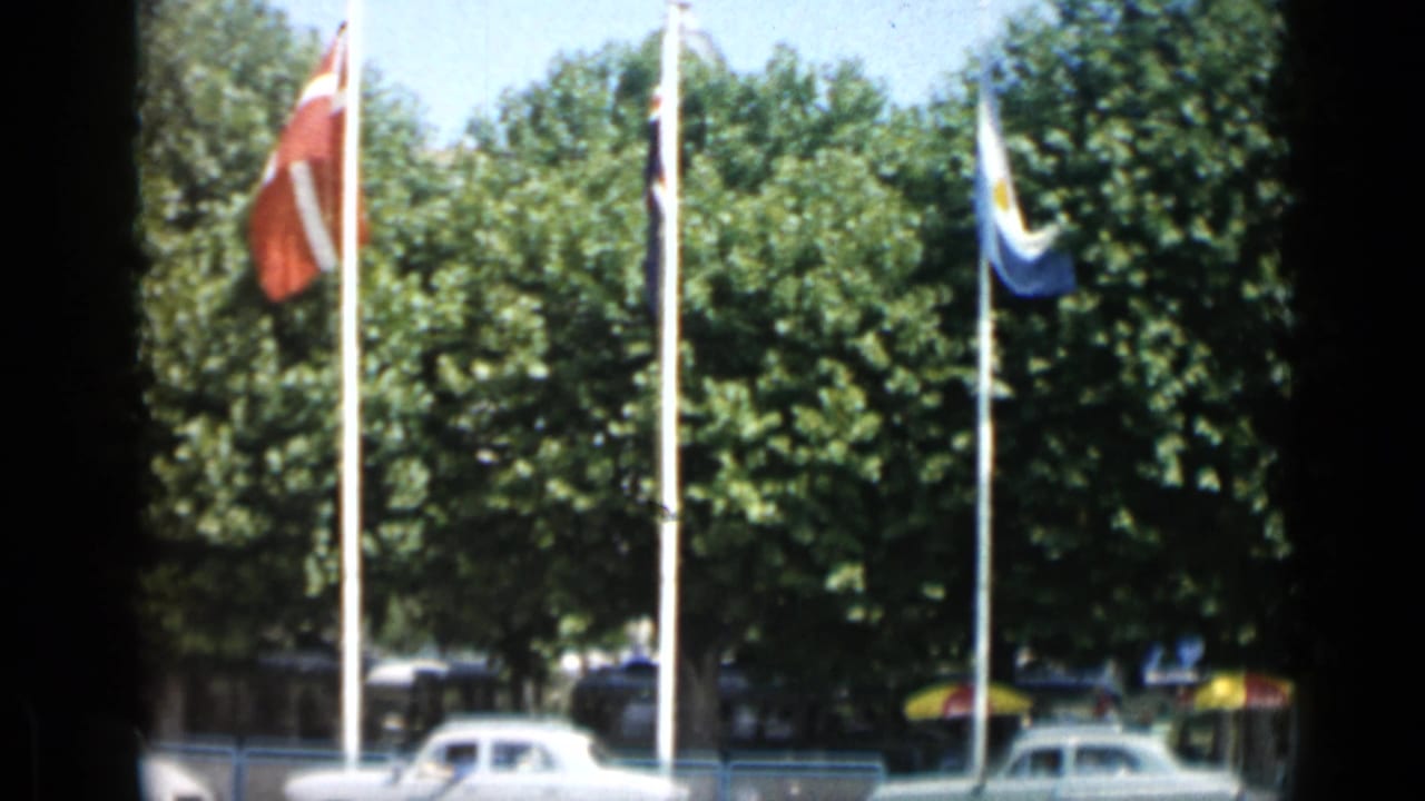 Flags, trees, parked cars, and small street kiosks along a sunny road.