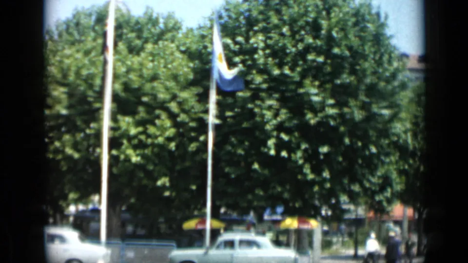 Cannes street scene from 1962 showing a flagpole, leafy trees, white cars, kiosks, and small distant pedestrians.