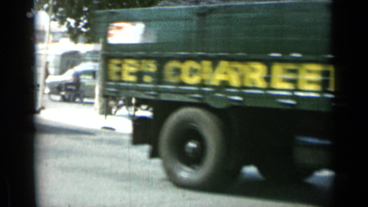 Green delivery truck passing along a sunlit Cannes street.