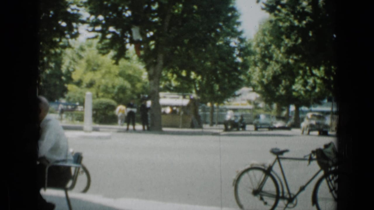 Tree-lined street with seated man, parked bicycle, pedestrians, and classic cars.