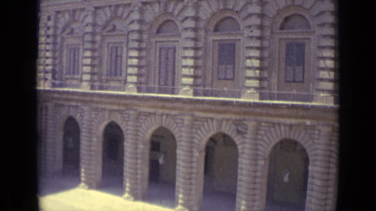 Ornate stone building facade seen through dark window framing.