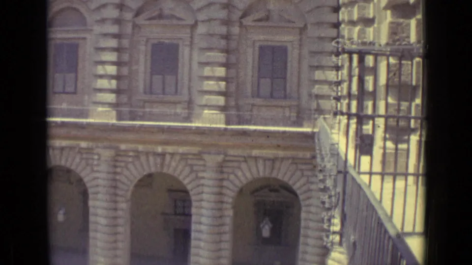 The final frame shows the Florence facade continuing past dark window framing, with arches below, shuttered windows above, and railing detail at right.