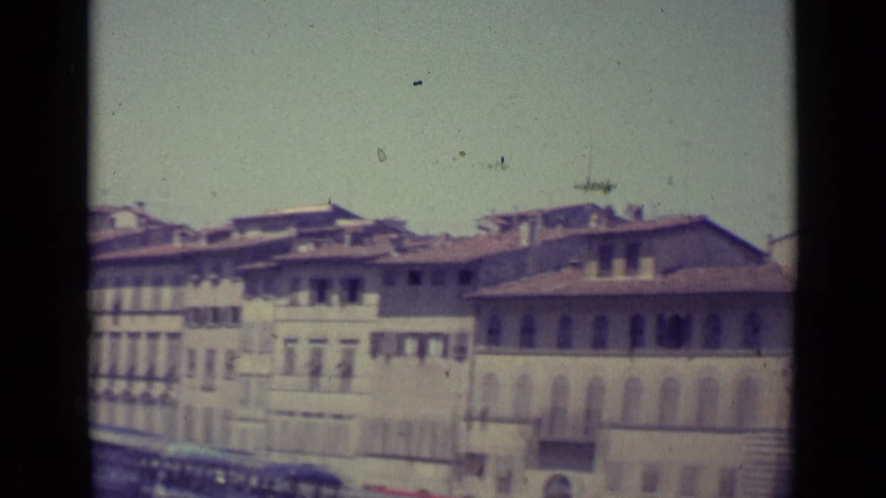 Upper stories of historic masonry buildings with tiled roofs and pale sky.