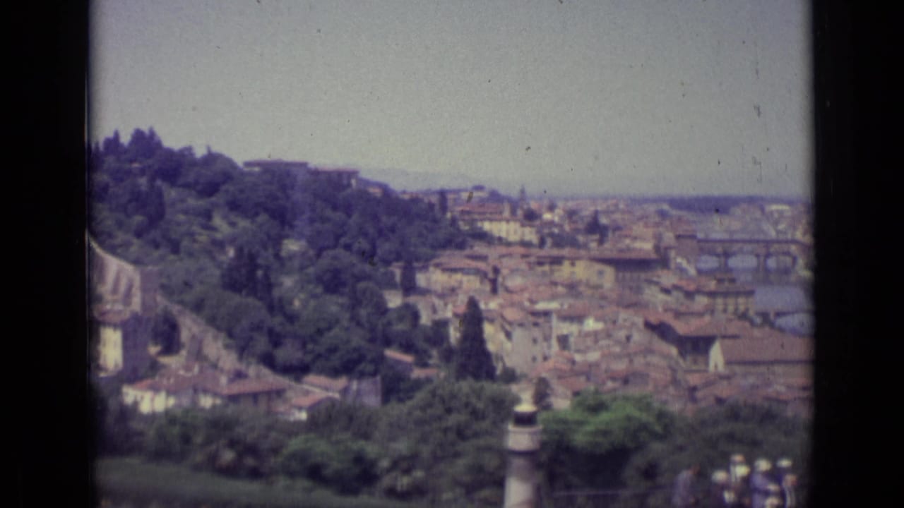 Elevated view over Florence with hillside greenery, rooftops, river bridges, and tourists below.