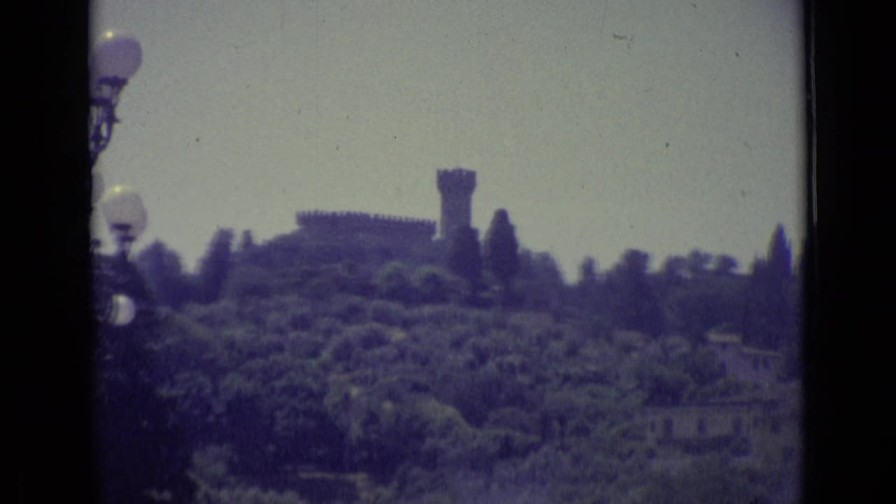 Hazy hilltop tower and trees seen through dark 8mm frame borders.