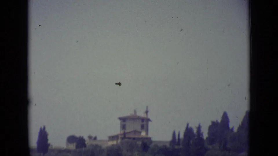 Soft 8mm view of a distant building on a Florence hillside, partly framed by trees and open sky.