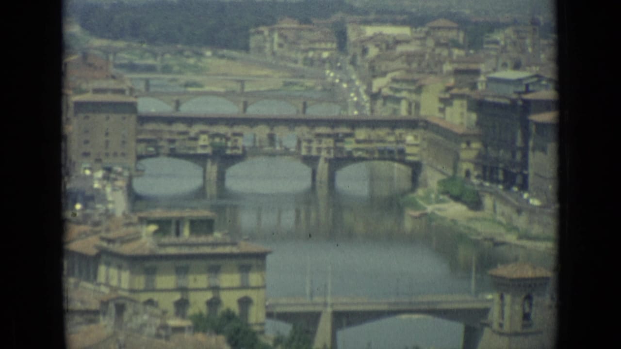 Elevated view of the Arno River and Ponte Vecchio in Florence.