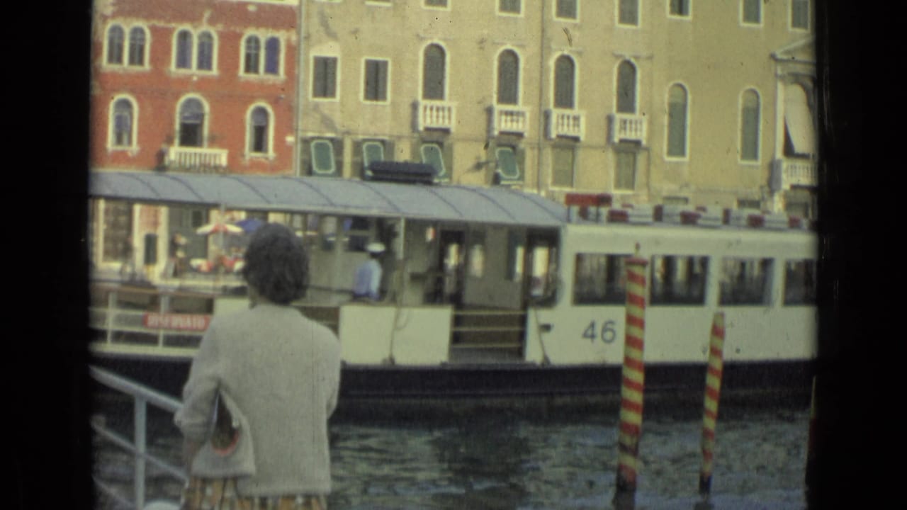 Woman seen from behind watches a white canal water bus pass dockside buildings.