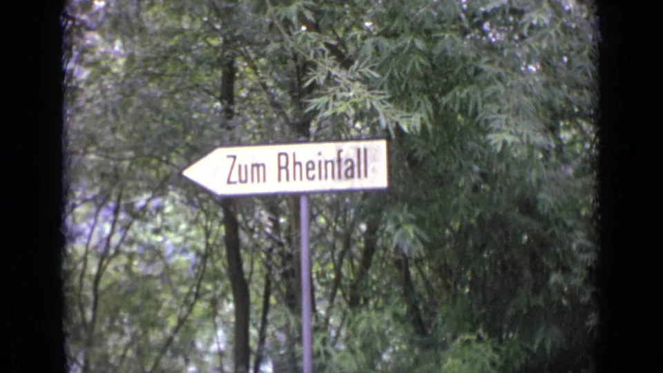 A second 1962 8mm view of the Zum Rheinfall directional sign, framed through trees with soft exposure.