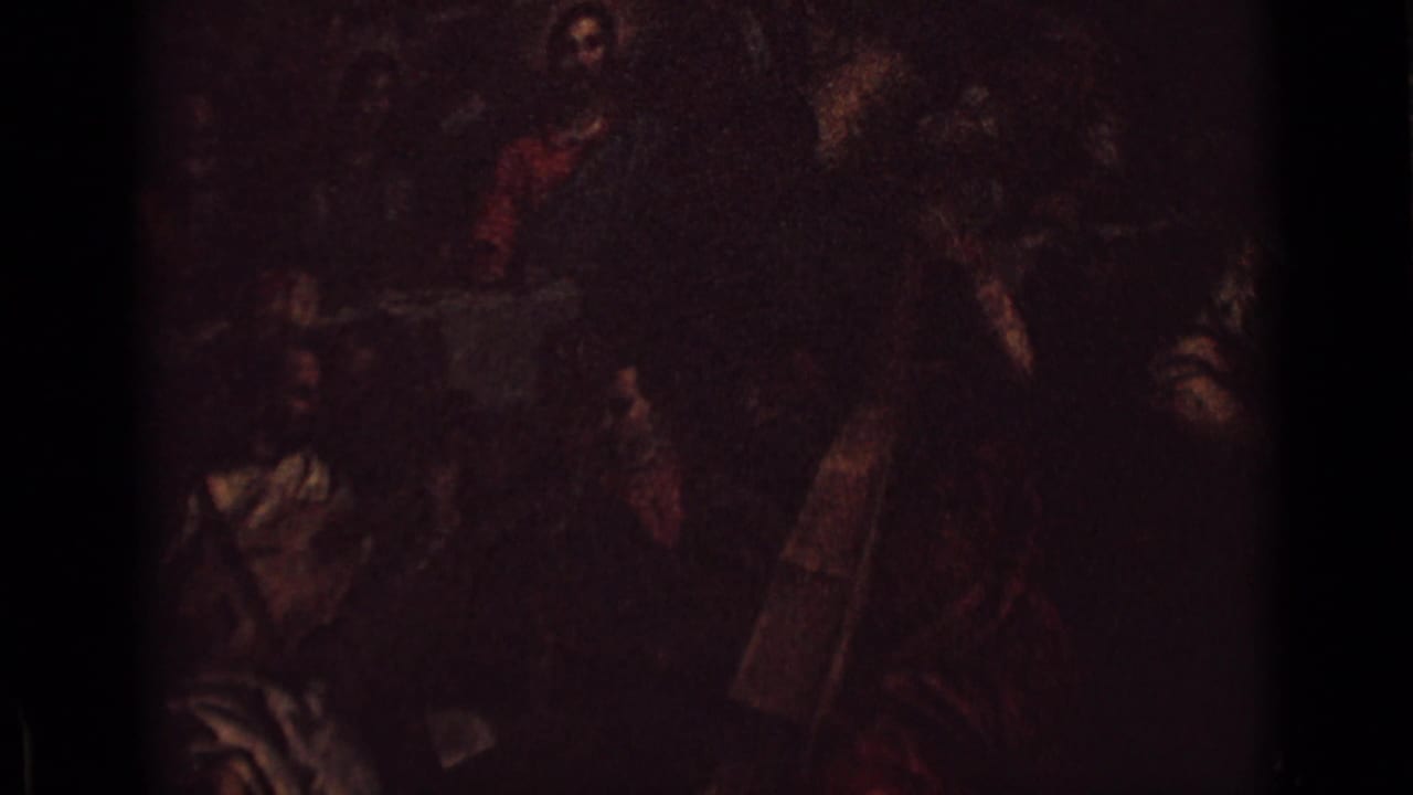 Low-exposure 8mm frame of a historical painting, showing robed figures and a courtly scene partially obscured by darkness.